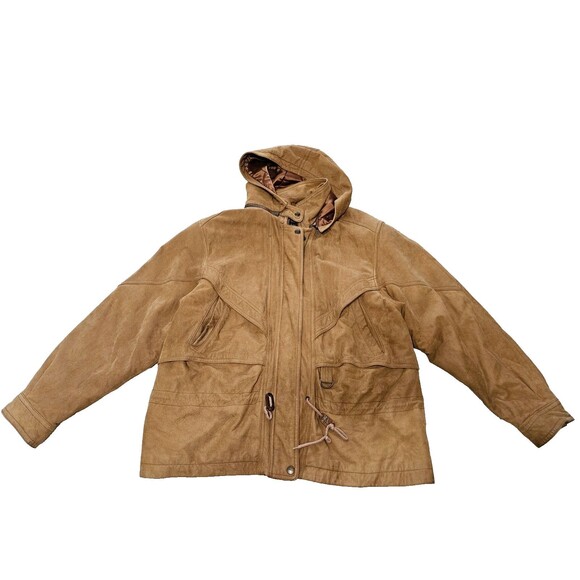 VTG Authentic Adler Leather Jacket Brown Full Zip Lined Hooded Long Coat Size XL